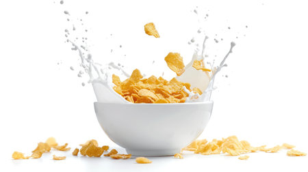 Corn flakes with milk splash in white bowl isolated on white backgroundの素材