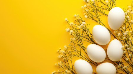 Easter decoration white eggs on yellow background. Top viewの素材