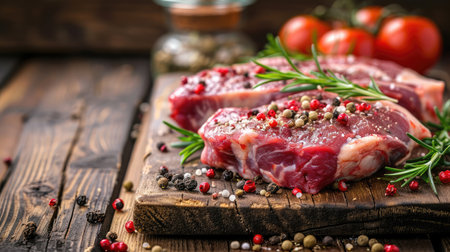 fresh raw meat on old wooden tableの素材