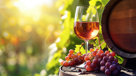 Glass Of Wine With Grapes And Barrel On A Sunny Background --ar 16:9 --v 6 Job ID: 8fa8dec2-a83b-4007-af4d-50294be99b38の素材