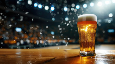 Glass of beer on basketball stadium backgroundの素材