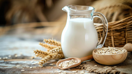 Milk in a jug and a glass, a wooden spoon with oatmeal and ears of wheat on the table.の素材