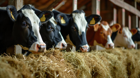 Group of cows at cowshed eating hay or fodder on dairy farm.の素材