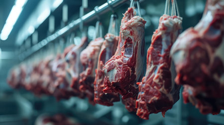 Meat industry,meats hanging in the cold store. Cattles cut and hanged on hook in a slaughterhouse. Halal cutting.の素材