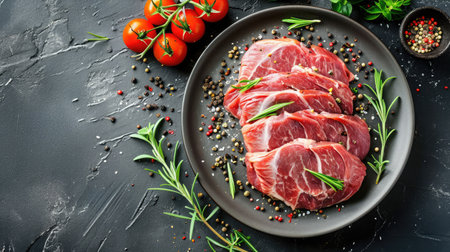 Juicy raw piece of selected veal on a plate with spices and herbs, on a stone background. Veal, steak. Top view.の素材