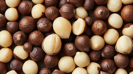 Macadamia nuts pattern texture background, top view, flat lay.の素材