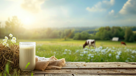 Milk with hay on wooden table and cow grazing in meadowの素材