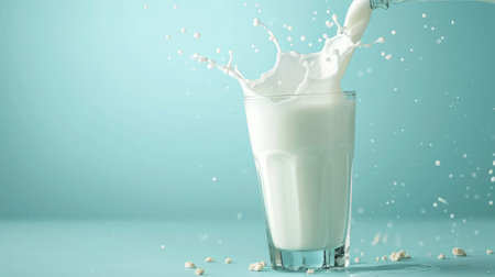 Pouring fresh milk into the glass with splashing on light blue background.の素材