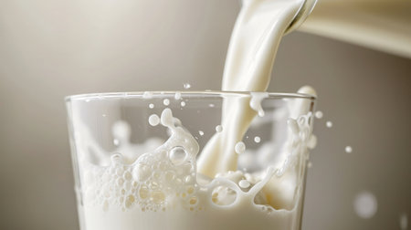Pouring milk in glass on a light neutral background.の素材