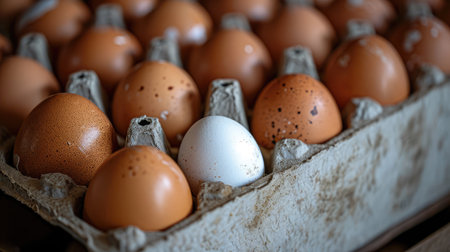 Pallet with brown eggs and one white eggの素材
