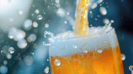 Pouring beer with bubble froth in glass for background on front view wave curve shape texture foamの素材