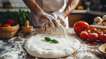 Pizza ÅP reparation homemade pizza on kitchen tableの素材