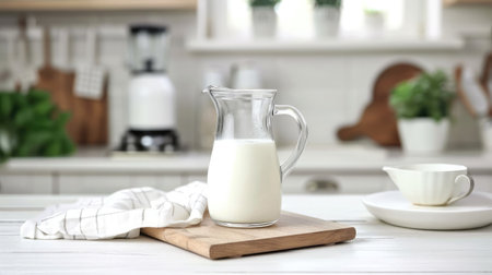 Serving breakfast milk with a jug in a glass on a white wooden kitchen table. Horizontal composition. Front viewの素材