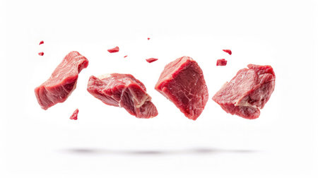 Pieces of fresh meat levitate on a white backgroundの素材
