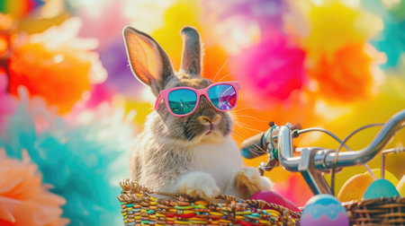 rabbit in colorful sunglasses sitting with easter eggs in a basket on a bike, in the style of multiple filter effect, vibrant stage backdrops, soft-focus, serge marshennikov, bob eggleton, colorful costumesの素材