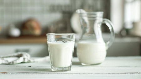 Serving breakfast milk with a jug in a glass on a white wooden kitchen table. Horizontal composition. Front viewの素材