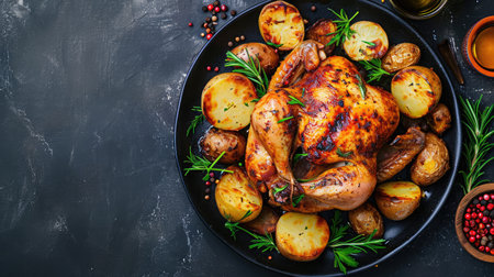 Roasted chicken with potatoes on dark plate. Grey background. Close up. Top view. --ar 16:9 --v 6 Job ID: 267b9e37-01dd-4788-a239-737e2926a70eの素材