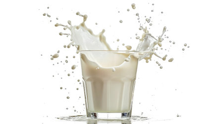 small glass of milk with splash isolated on white backgroundの素材