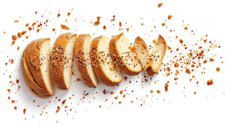 Sliced bread isolated on a white background. Bread slices and crumbs viewed from above. Top viewの素材