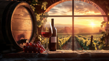 Red wine tasting in the wine cellar: wineglass and bottles next to the window and panoramic view of vineyards at sunsetの素材