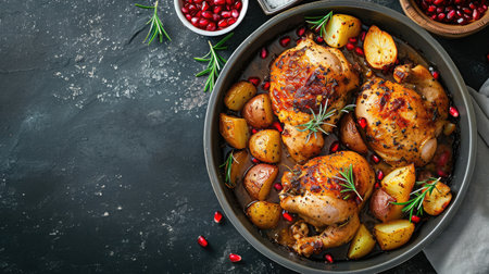 Roasted chicken in pomegranate sauce with potatoes in a gray ceramic mold. Dark background. Top view. Copy space --ar 16:9 --v 6 Job ID: 4ab61cc6-37a7-477d-9b83-a7bd9927feeaの素材