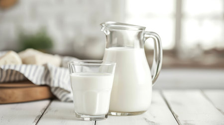 Serving breakfast milk with a jug in a glass on a white wooden kitchen table. Horizontal composition. Front viewの素材