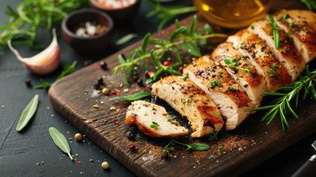 Roasted or seared chicken breast sliced on a cutting board with herbs and spices --ar 16:9 --v 6 Job ID: 1c023c80-5572-4702-8751-d2c0b7baecd5の素材