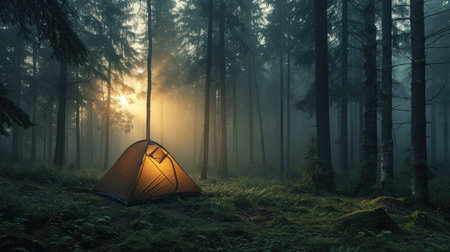 Tourism concept. Dawn in a foggy forest with a lonely tent. Man lives in the forestの素材