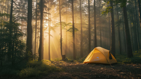 Tourism concept. Dawn in a foggy forest with a lonely tent. Man lives in the forestの素材