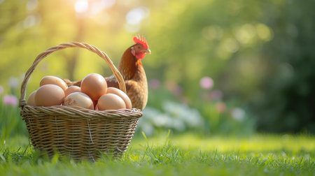 top veiw basket of duck eggs on a wooden table over farm in the countrysideの素材