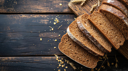 Top view of sliced wholegrain bread on dark ructic wooden background closeupの素材