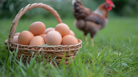 top veiw basket of duck eggs on a wooden table over farm in the countrysideの素材