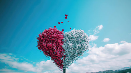 tree with leaves in the shape of red hearts, little hearts floating,の素材
