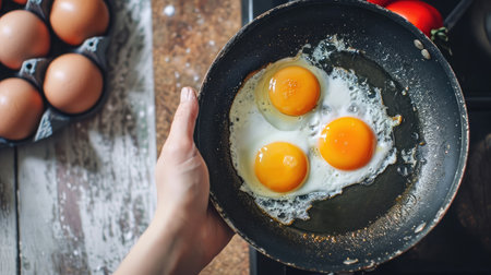 Two fried eggs in a pan with olive oil. Girl's hand holding a frying pan with scrambled eggs.の素材