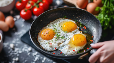Two fried eggs in a pan with olive oil. Girl's hand holding a frying pan with scrambled eggs.の素材