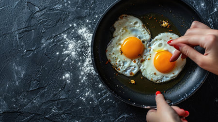Two fried eggs in a pan with olive oil. Girl's hand holding a frying pan with scrambled eggs.の素材