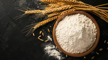 Wheat flour in a wooden bowl With wheat ears on the table, black background. top viewの素材