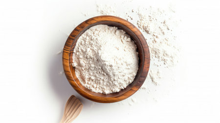 wooden bowl of flour isolated on white background, top viewの素材