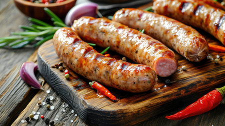 Wooden board with tasty sausages on tableの素材