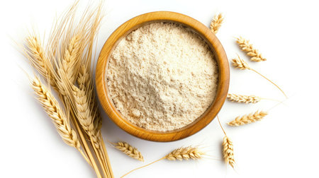 Wheat flour in bowl and spikelets isolated on whiteの素材
