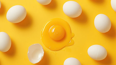 White eggs and egg yolk on the yellow backgroundの素材