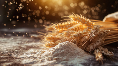 wheat and flour on the tableの素材