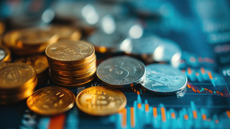 Coins are laid out in graph.Business success concept wealth stock investment.Business in the digital age.の素材