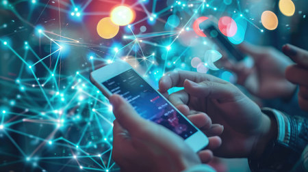 Businessmen look on smartphones watching social platforms and marketing online to plan the best promotions and super sell and discount price products, Social media, and digital online concepts.の素材