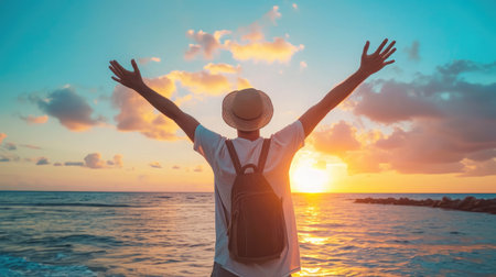 Back view of happy excited man raising arms up to blue sky - Hipster winner traveler enjoying summer sunset at the beachの素材