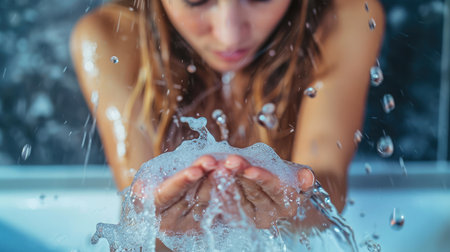 closeup of a young woman washing her handsの素材