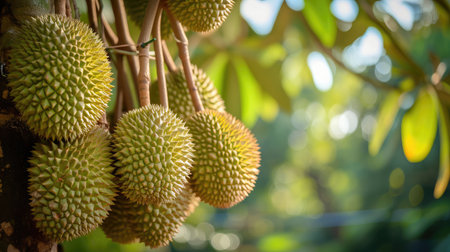 durians on the durian tree in organic durian orchard.の素材
