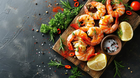 Fresh shrimps prawns seafood lemon lime with herbs and spice, Shrimp peeled on wooden cutting board dark background dining table food, top viewの素材