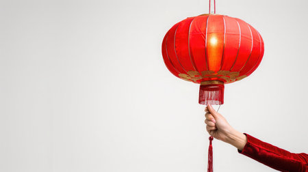female hand holding red lantern isolated on whiteの素材