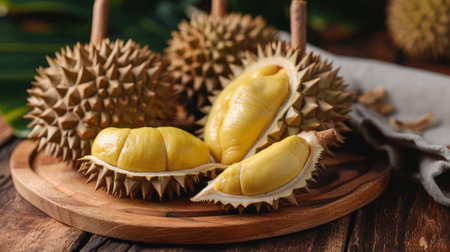 Fresh durian in packaging on wooden dish with durian peel. Durian king of fruit. Tropical fruit.の素材